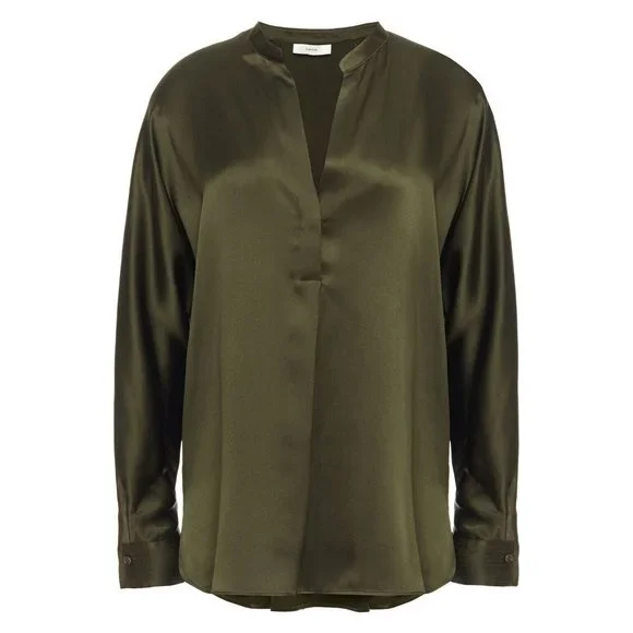 VINCE Olive Green Silk Charmeuse Split Neck Relaxed Tunic Blouse, Size S - Picture 3 of 15